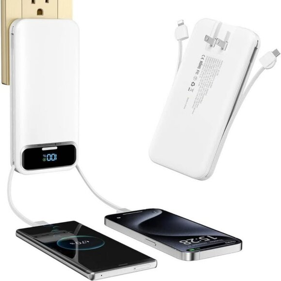 New 1 Pack 12000mAh PD 20W Fast Charging Power Bank with Built-in Cables & AC